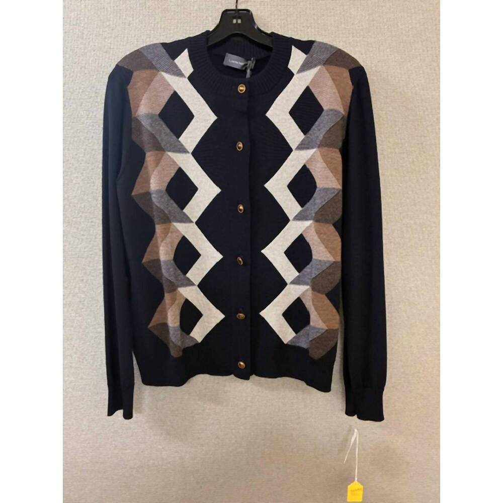 NEW LORENA ANTONIAZZI women's geometric argyle knit cardigan in blue/ivory/camel